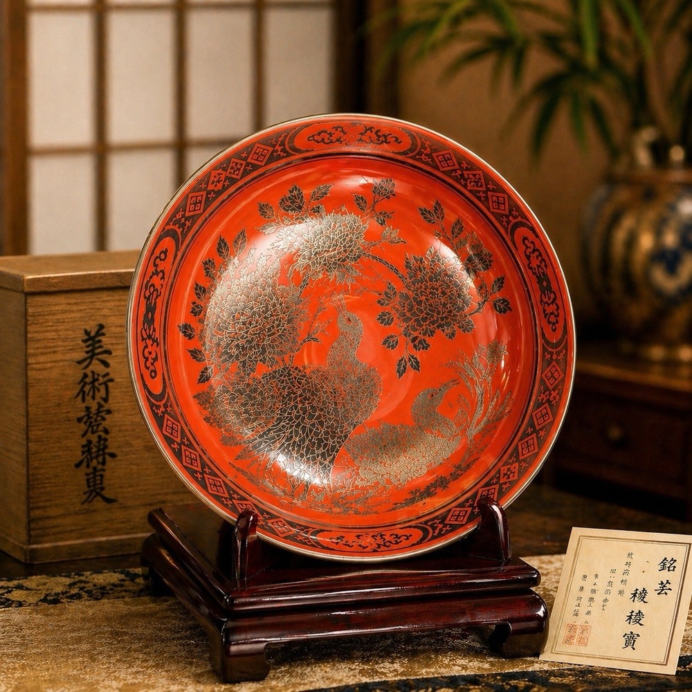 Meiji Japanese Eiraku Silver Kutani Bowl 7" Red Porcelain Cranes Peonies Signed